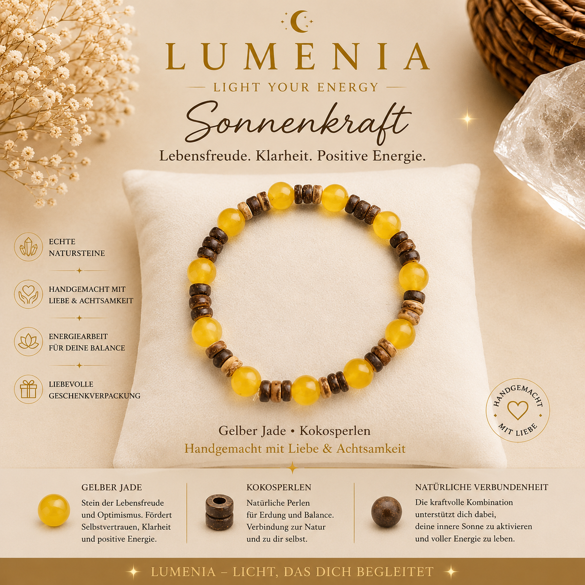 Sonnenkraft Naturstein Armband – Gelbe Jade & Kokos