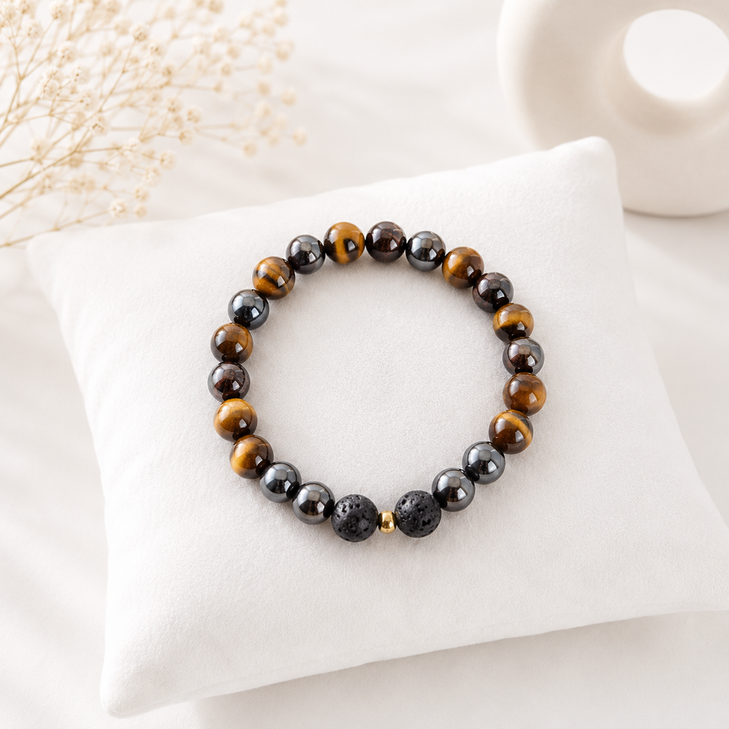 Tigerauge, Turmalin, Hämatit & Vulkanstein Herren Armband