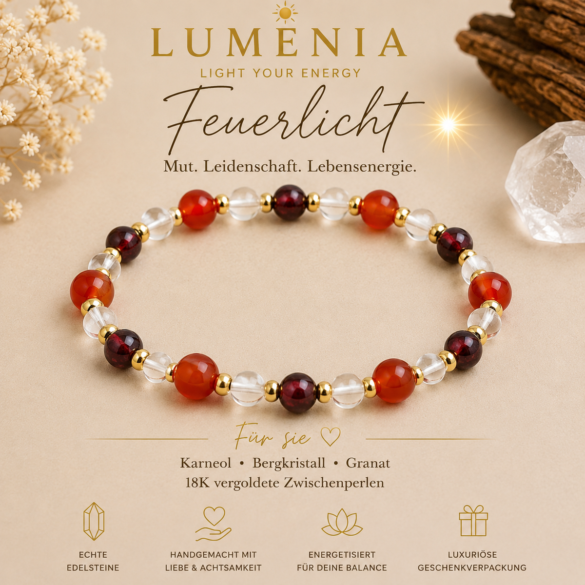 Lumenia Feuerlicht - Karneol, Bergkristall, Granat