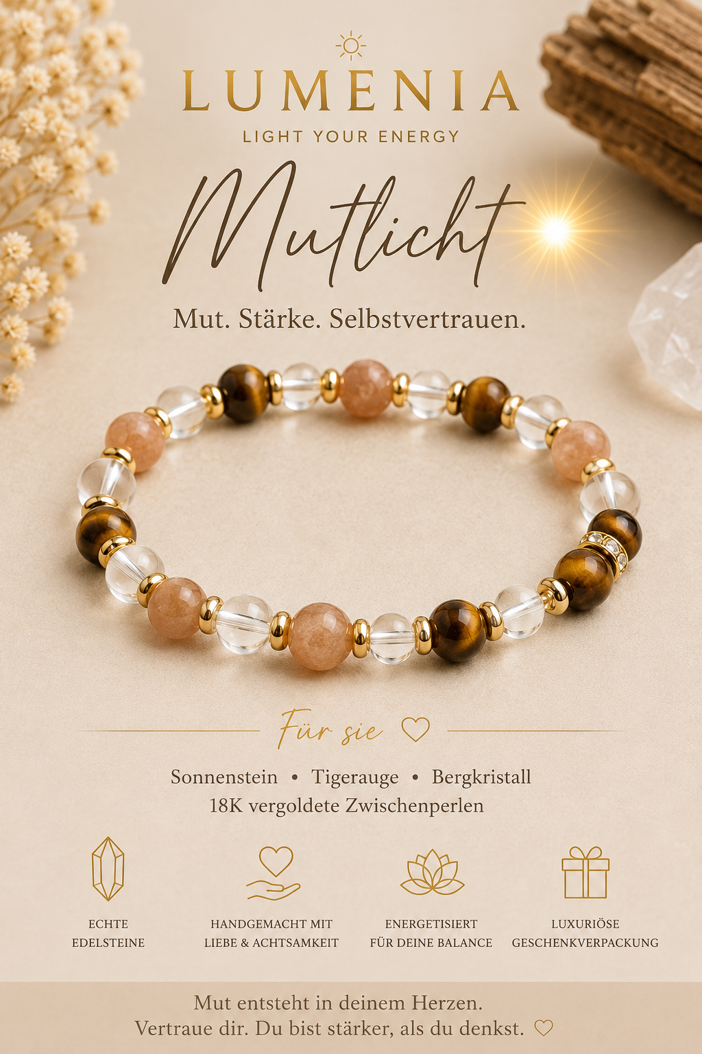 Lumenia Mutlicht - Sonnenstein, Tigerauge und Bergkristall