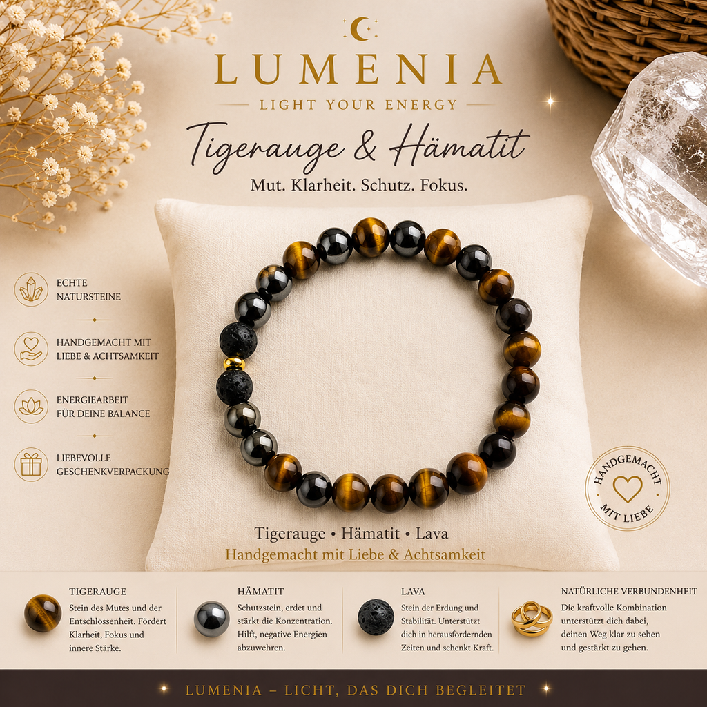 Tigerauge, Turmalin, Hämatit & Vulkanstein Herren Armband