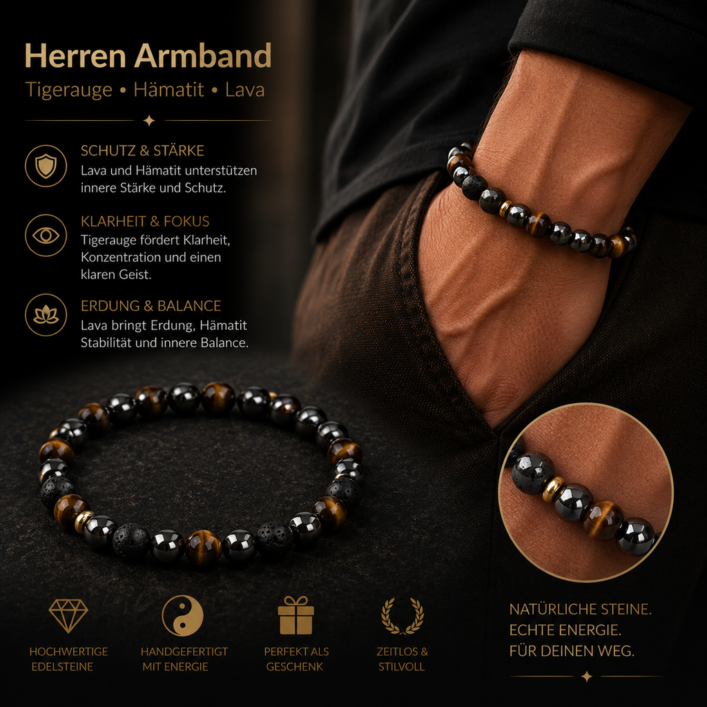 Tigerauge, Turmalin, Hämatit & Vulkanstein Herren Armband
