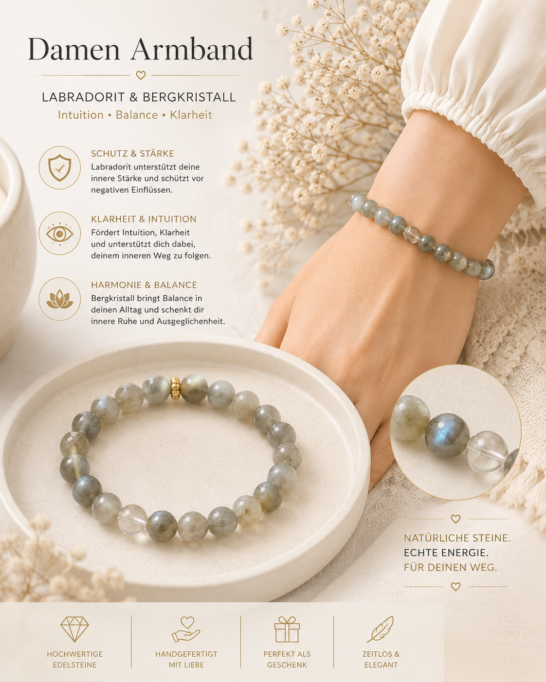 Lumenia Mondlicht Armband – Labradorit, Bergkristall & 18k vergoldete Zwischenelemente