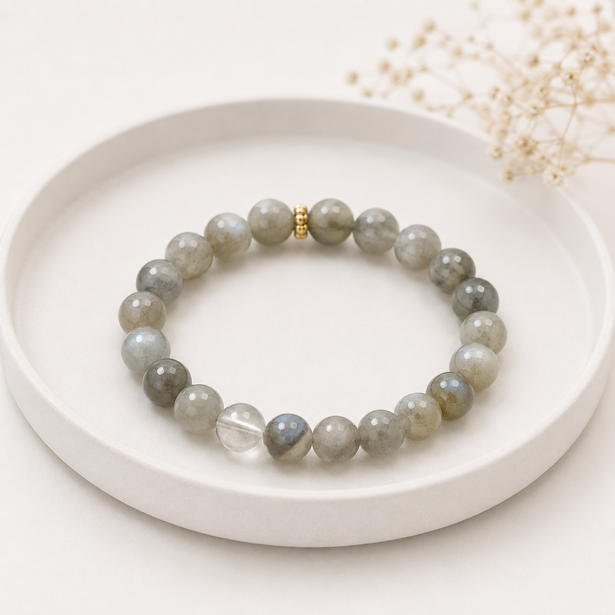 Lumenia Mondlicht Armband – Labradorit, Bergkristall & 18k vergoldete Zwischenelemente