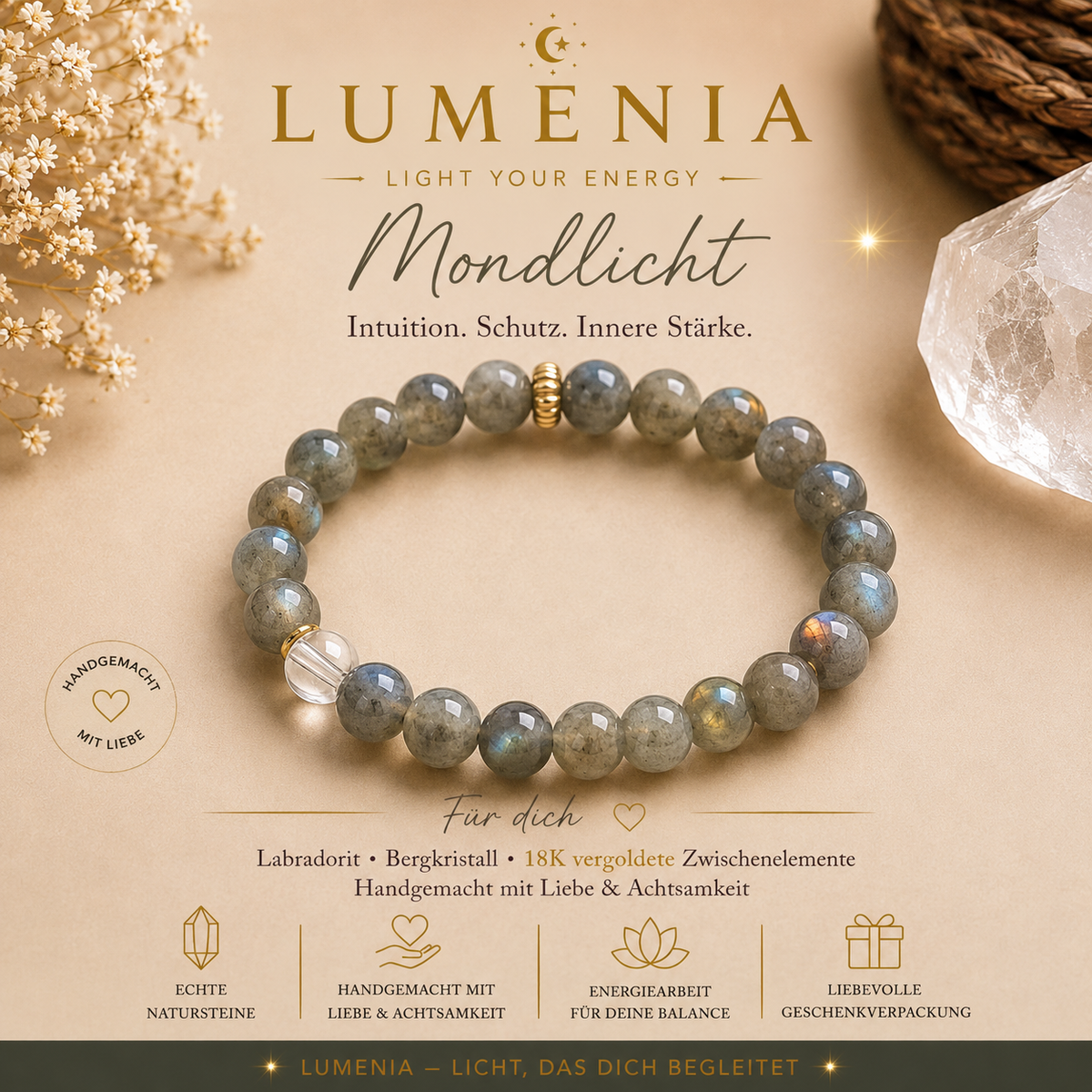 Lumenia Mondlicht Armband – Labradorit, Bergkristall & 18k vergoldete Zwischenelemente